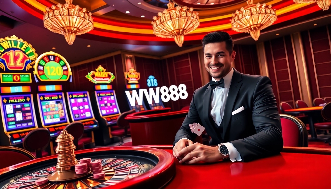 Experience the thrill of online gambling at WW88 with vibrant slots and opulent casino visuals.