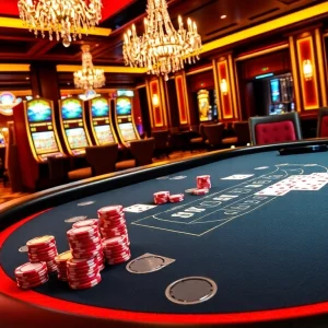 A vibrant casino scene showcasing exciting games at 789club with blackjack tables and slot machines.