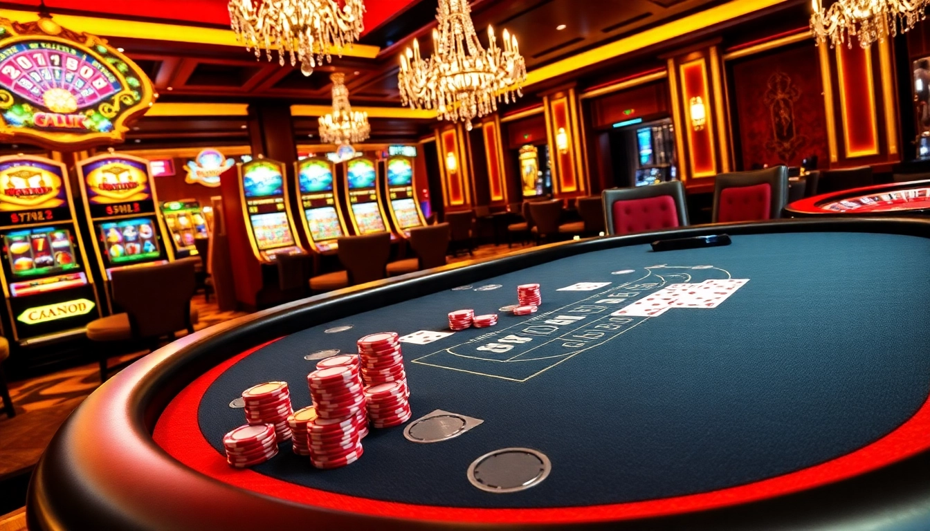 A vibrant casino scene showcasing exciting games at 789club with blackjack tables and slot machines.