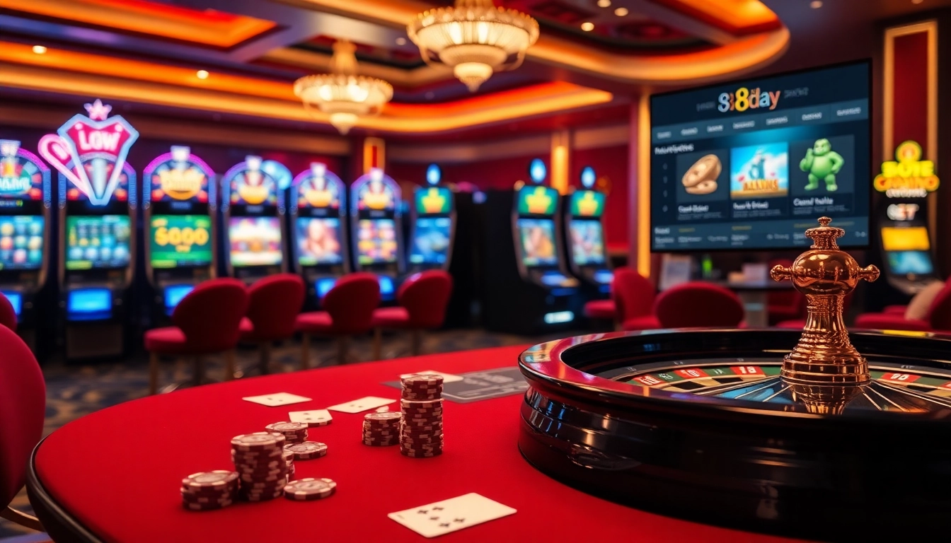 Experience the excitement of gambling at 8day with vibrant casino tables and slot machines.