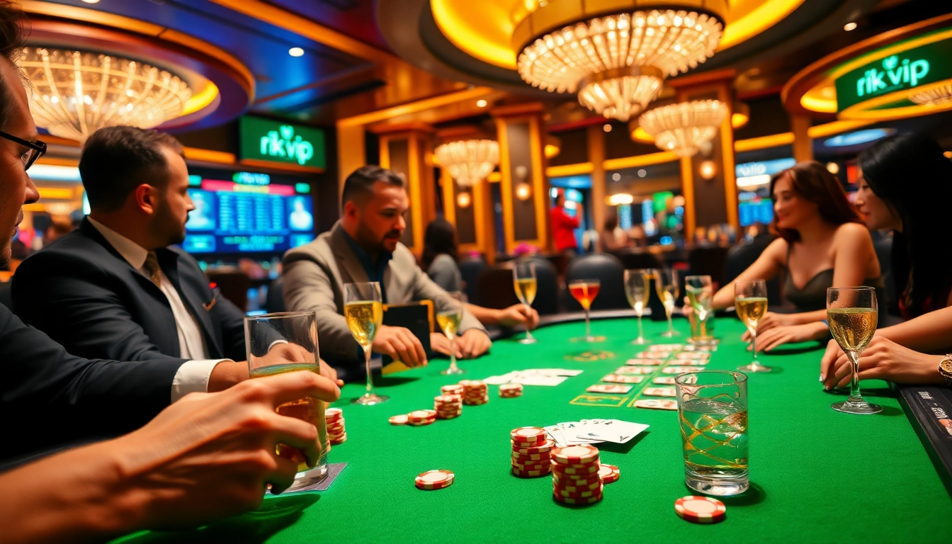 Players enjoying poker at rich casino table, highlighting 'rik vip' gaming excitement.