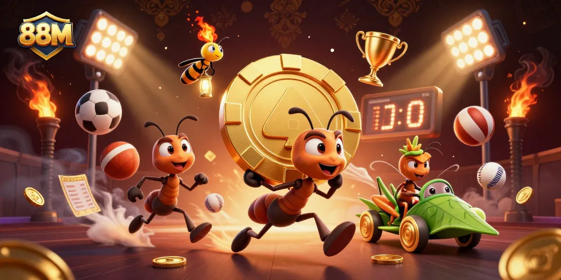Experience thrilling wins at 88M as ants steal golden poker chips through a casino heist tunnel.