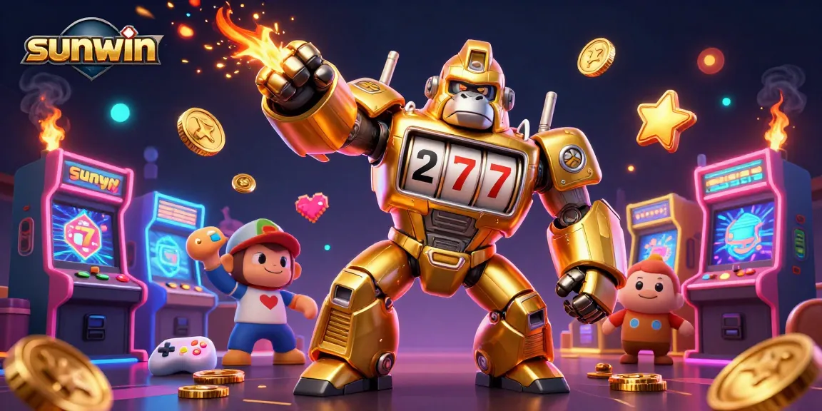 Engage with sunwin's vibrant 3D casino universe featuring a golden gorilla mech amid jackpot excitement.