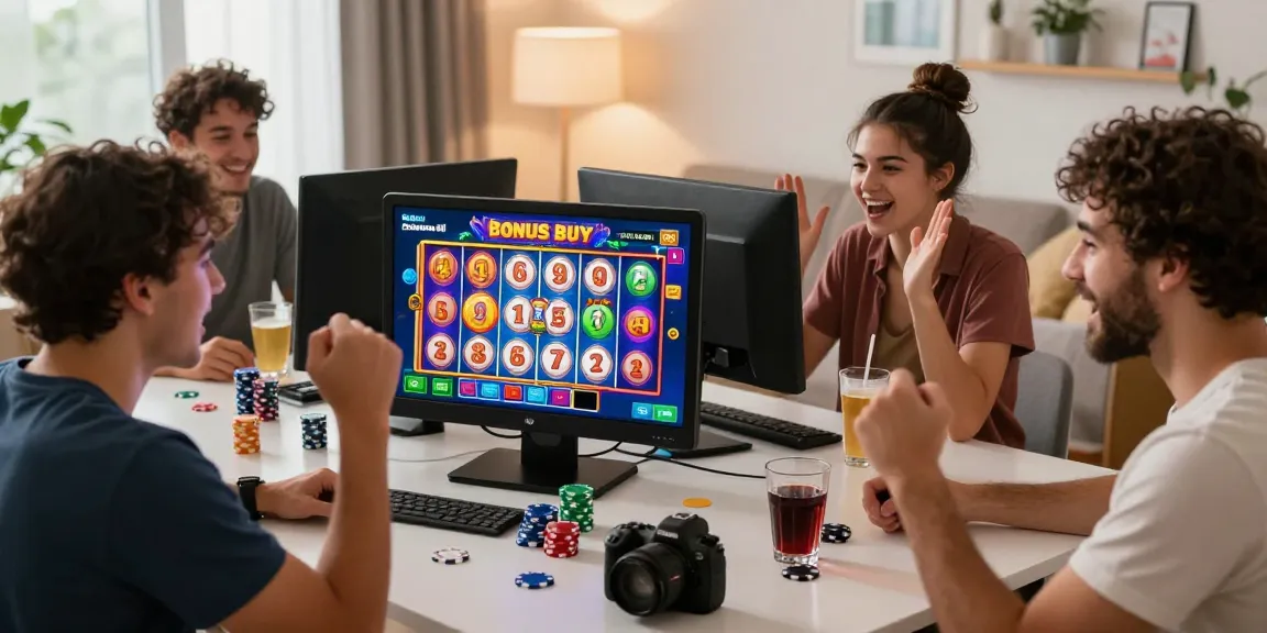 Excited friends playing Bonus Buy Slots on crownnorthill.co.uk, showcasing colorful graphics and social engagement.