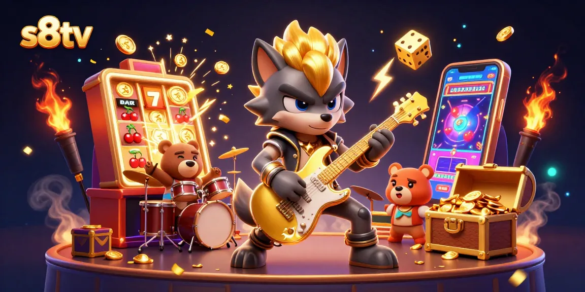 Experience entertainment with s8tv in a vibrant, packed casino-themed illustration featuring a rock star wolf.