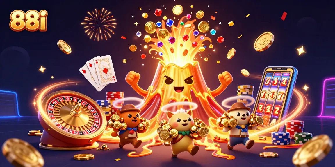 88i offers a thrilling casino experience with golden volcanoes, coins, and vibrant gameplay.