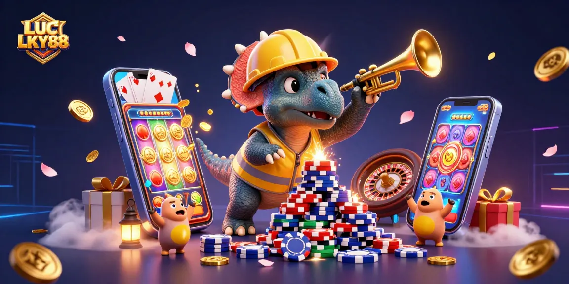 LUCKY88 celebrates wins with vibrant characters and dynamic gaming elements in this casino-themed illustration.