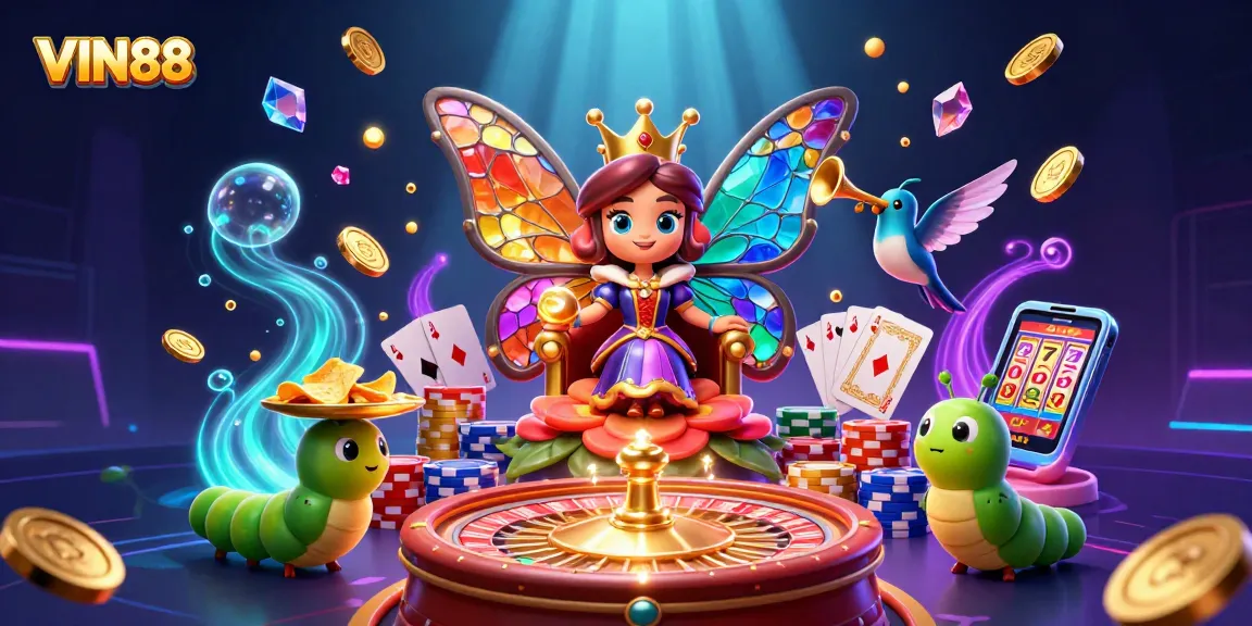 Experience the excitement of VIN88 with a dazzling 3D casino scene featuring a butterfly queen and playful elements.
