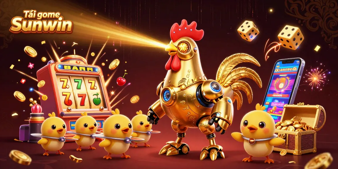 Tải game Sunwin with a golden rooster robot character and dynamic casino elements bursting with luck.
