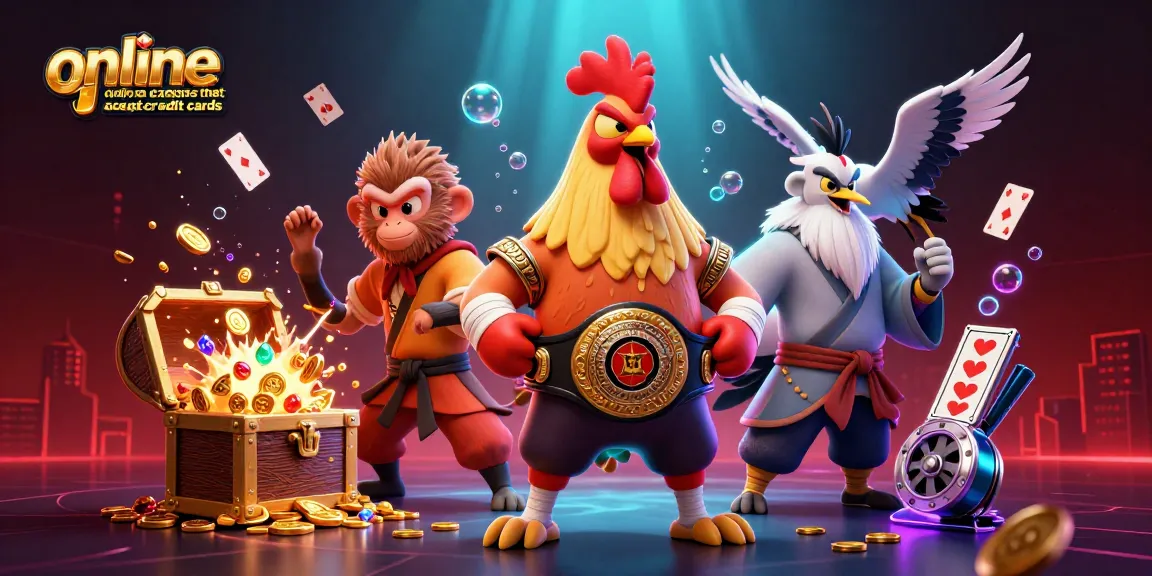 Engaging scene showcasing online casinos that accept credit cards with a Muay Thai rooster, martial artist monkey, and crashing gold treasures.