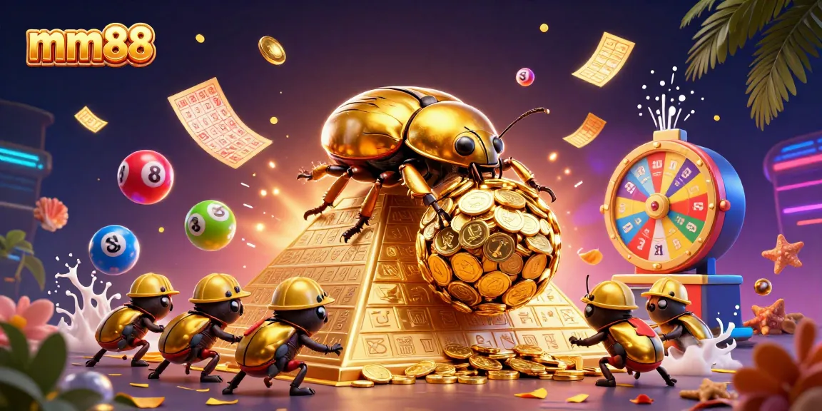 Experience the thrilling mm88 action with lively lottery balls and a golden beetle rolling coins.