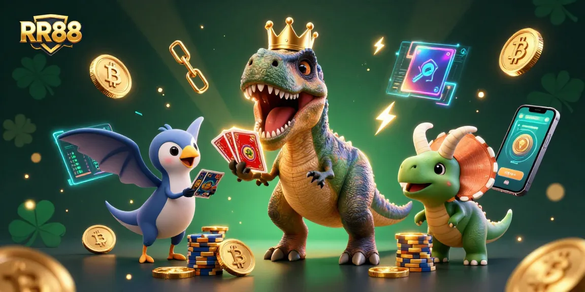 Join the excitement at RR88 with vibrant gaming elements and animated characters in an online casino scene.