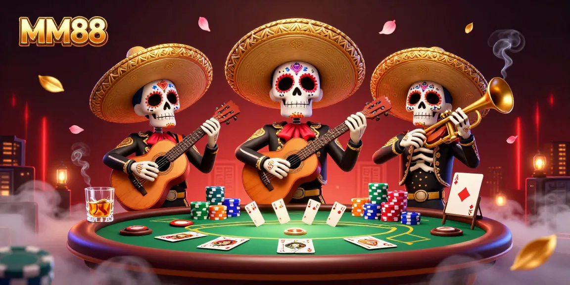 Casino night with MM88 band performing amidst poker chips and cards.