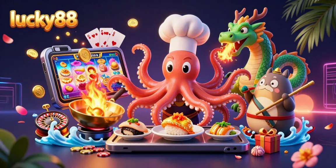 Join lucky88’s vibrant entertainment as a tanuki enjoys golden dishes prepared by an octopus chef.